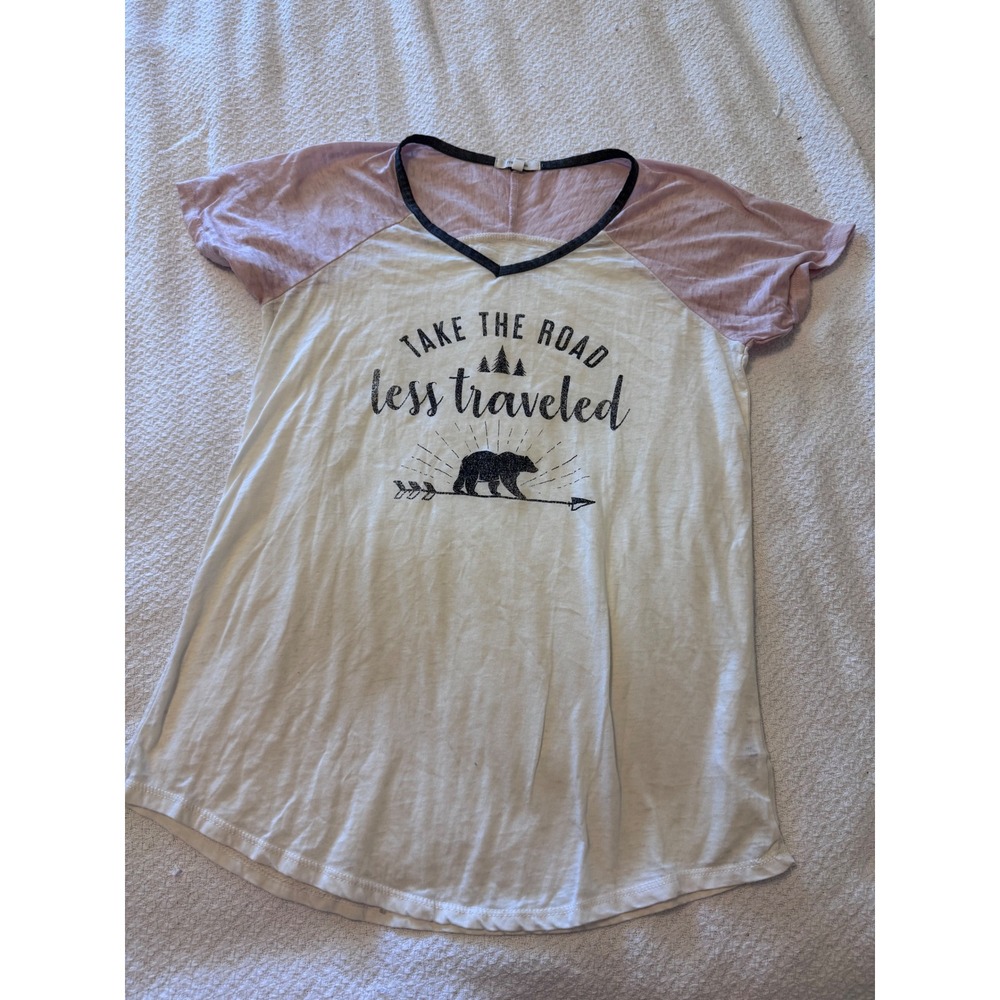 Maurices Take The Road Less Traveled Graphic Tee Pink Cream Raglan Small